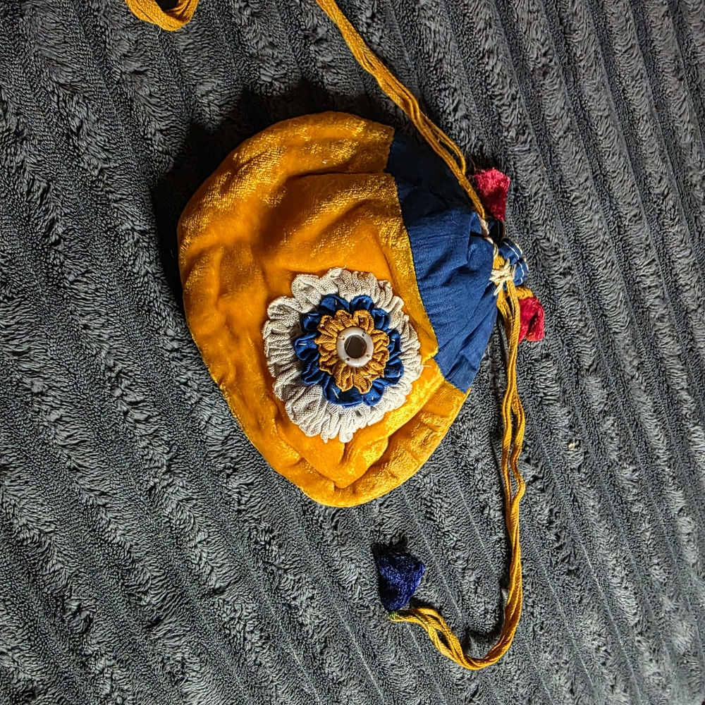Vintage Boho Velvet Potli Bag | Yellow & Blue Drawstring Pouch with Mirror Work
